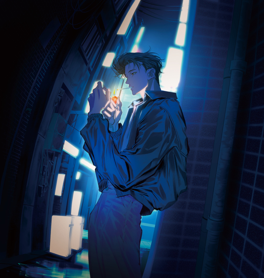 1boy absurdres alley baggy_clothes black_hair black_jacket cowboy_shot from_side highres holding holding_lighter jacket lighter lighting_cigarette male_focus mito_youhei mizushima_(barairo) night outdoors pants pompadour puddle short_hair slam_dunk_(series) solo white_pants