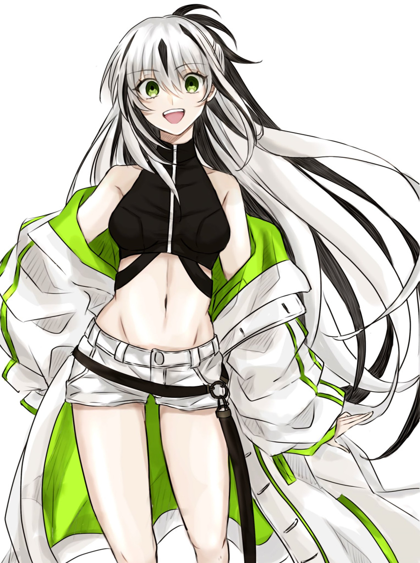 1girl apomu bare_shoulders black_hair black_shirt breasts commentary_request fate/grand_order fate_(series) floating_hair green_eyes green_jacket hair_between_eyes highres jacket long_hair looking_at_viewer medium_breasts midriff multicolored_clothes multicolored_hair multicolored_jacket nagao_kagetora_(fate) navel off_shoulder open_clothes open_jacket open_mouth shirt short_shorts shorts simple_background sleeveless sleeveless_shirt smile solo stomach teeth two-tone_hair two-tone_jacket upper_teeth_only very_long_hair white_background white_hair white_jacket white_shorts