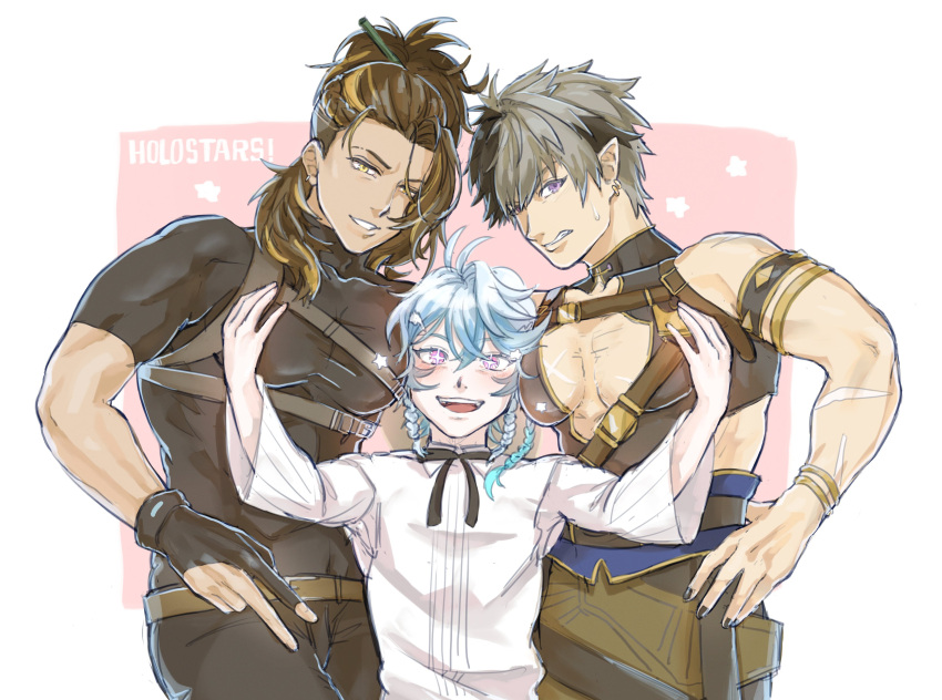 absurd_res blue_hair blush crimzon_ruze elf goldbullet group hair hi_res hololive hololive_en human humanoid humanoid_pointy_ears male male/male mammal multicolored_hair muscular muscular_humanoid muscular_male namuramu75 octavio_(hololive) pecs scar trio vtuber