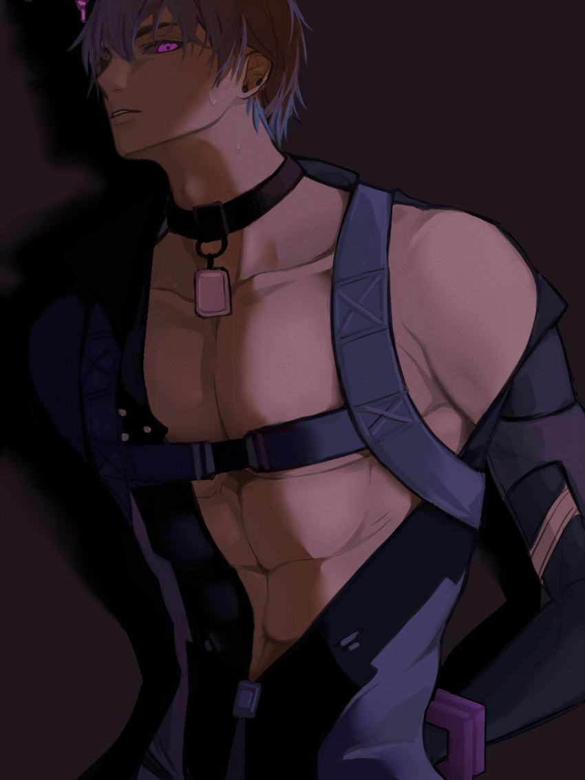 1boy abs absurdres animal_collar black_sclera bodysuit camu:_crocotta_(punishing:_gray_raven) camu_(punishing:_gray_raven) chest_harness chinese_commentary collar collarbone colored_sclera commentary dim_lighting glowing glowing_eyes grey_bodysuit grey_hair harness highres looking_at_viewer looking_down male_focus maploon muscular muscular_male pectorals punishing:_gray_raven purple_eyes short_hair solo sweat undressing upper_body