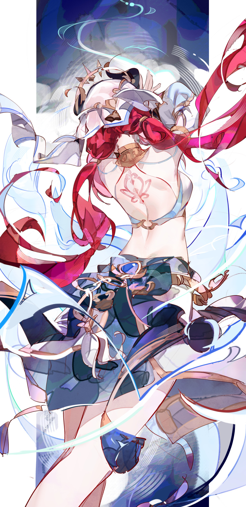 1girl absurdres back_tattoo bare_back blue_skirt breasts cocoballking commentary crop_top fake_horns feet_out_of_frame from_behind genshin_impact highres horns medium_breasts midriff nilou_(genshin_impact) red_hair skirt solo standing tattoo veil