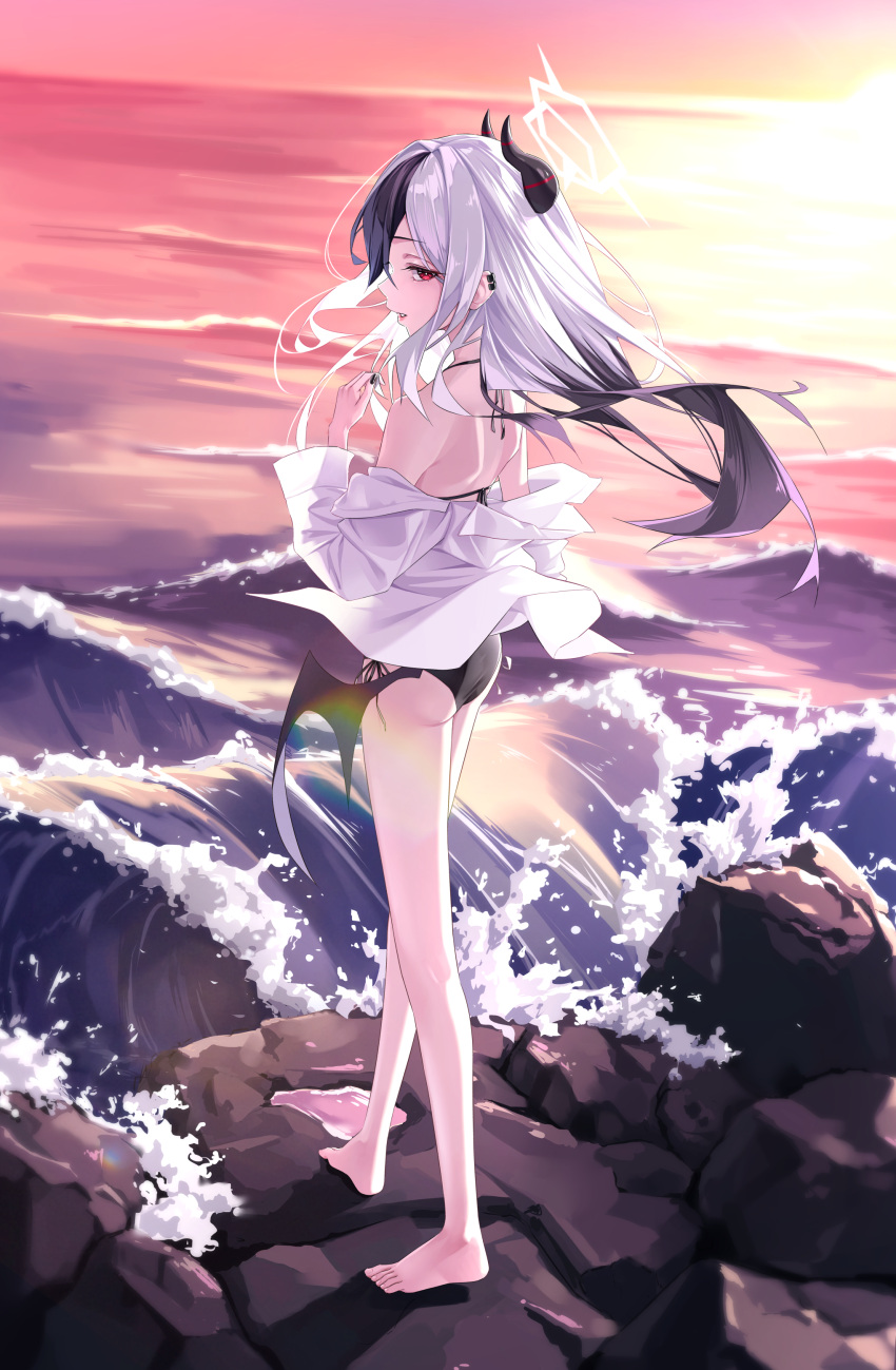 1girl absurdres alternate_costume ass bare_legs barefoot bikini black_bikini black_hair blue_archive demon_horns demon_wings floating_hair from_behind grey_hair halo highres horizon horns kayoko_(blue_archive) looking_at_viewer ly_7317 outdoors profile shirt shoulder_blades sideways_glance single_wing solo sunset swimsuit toes waves white_shirt wings