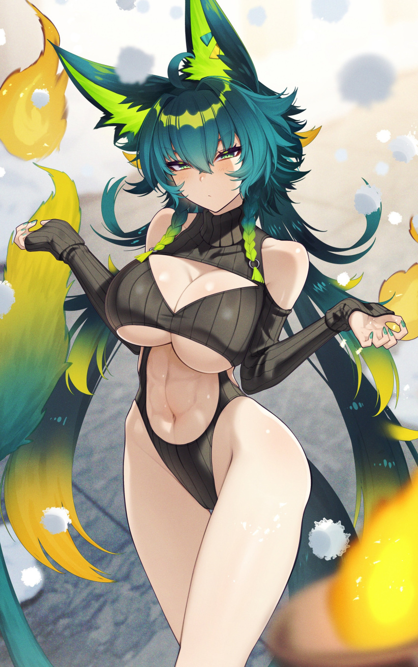 1girl abs absurdres ahoge amagami_shinia animal_ears bare_shoulders breasts cleavage_cutout clothing_cutout cluseller commission green_eyes green_hair hair_between_eyes highres indie_virtual_youtuber large_breasts long_hair looking_at_viewer multicolored_hair navel open_clothes open_mouth ribbed_sweater second-party_source shoulder_cutout solo stomach stomach_cutout sweater tail virtual_youtuber