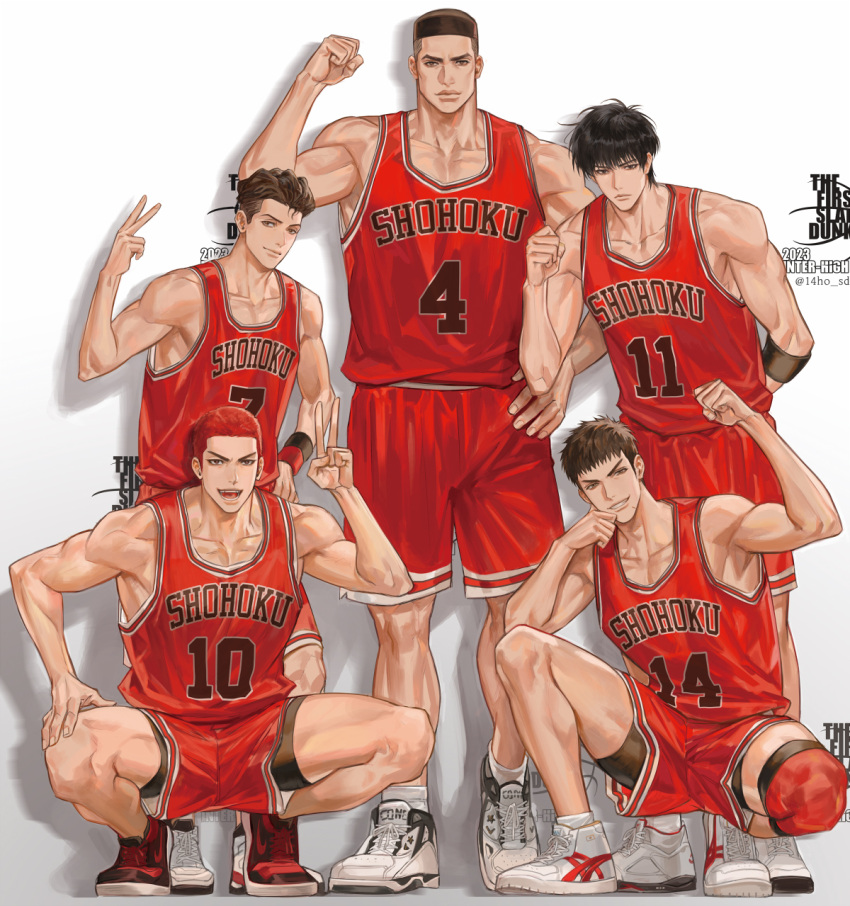 14ho_sd 5boys :d akagi_takenori arm_up armband armpits basketball_jersey basketball_uniform black_armband black_eyes black_footwear black_hair black_wristband brown_eyes brown_hair buzz_cut clenched_hand closed_mouth dark-skinned_male dark_skin full_body group_picture hand_on_own_face hand_on_own_hip highres knee_pads looking_at_viewer male_focus mitsui_hisashi miyagi_ryouta multiple_boys open_mouth pectoral_cleavage pectorals red_hair red_shorts red_tank_top red_wristband rukawa_kaede sakuragi_hanamichi scar scar_on_chin scar_on_face shadow shoes short_hair shorts simple_background single_knee_pad slam_dunk_(series) smile sneakers sportswear squatting tank_top toned toned_male undercut v very_short_hair wavy_hair white_background white_footwear