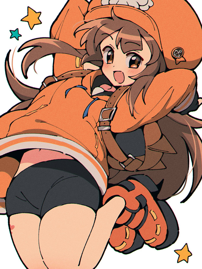 1girl bag bike_shorts black_gloves blush brown_eyes brown_hair cabbie_hat fingerless_gloves gloves guilty_gear guilty_gear_strive hair_between_eyes hat hat_ornament highres hood hoodie itsuka_neru long_hair looking_at_viewer may_(guilty_gear) open_mouth orange_footwear orange_headwear orange_hoodie skull_and_crossbones skull_hat_ornament smile