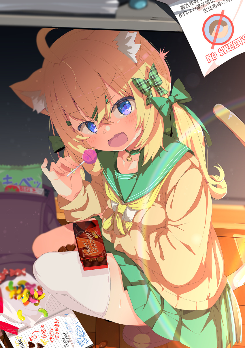 1girl absurdres ahoge animal_ears bell blonde_hair blue_eyes bow candy cat_ears cat_girl cat_tail chocolate collar commission food green_bow green_skirt hair_bow hair_ornament hairclip heart heart-shaped_chocolate highres holding holding_candy holding_food holding_lollipop jelly_bean lollipop looking_at_viewer neck_bell neckerchief original pleated_skirt school_uniform serafuku shiro9jira single_thighhigh skeb_commission skirt solo squatting sweatdrop tail thighhighs white_thighhighs yellow_neckerchief