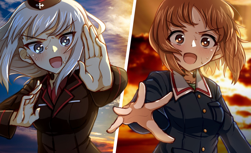 :d absurdres arm_at_side blue_eyes blue_jacket blue_sky blush bob_cut breast_pocket breasts bright_pupils brown_eyes cloud cloudy_sky commentary embarrassed floating_hair fourth_wall garrison_cap girls_und_panzer green_shirt hand_up hands_up hat highres itsumi_erika jacket kokota kuromorimine_military_uniform long_hair loose_hair_strand medium_breasts messy_hair military_uniform multiple_views nishizumi_miho ooarai_military_uniform open_mouth orange_sky pocket red_shirt shirt short_hair sky smile sunset sweat uniform v-shaped_eyebrows white_hair white_pupils wind