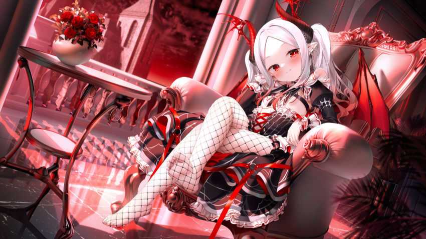 1girl arm_support armchair balcony black_dress blush breasts bright_pupils chair chen_bin closed_mouth cloud commentary_request crossed_legs demon_horns demon_wings dress earrings feet fishnets flower forehead gothic_lolita hand_on_own_face head_tilt highres horns jewelry juliet_sleeves lolita_fashion long_hair long_sleeves looking_at_viewer original parted_bangs plant pointy_ears potted_plant puffy_sleeves railing red_eyes red_flower red_rose red_sky rose sitting sky slit_pupils small_breasts smile soles solo table toes tower twintails vase white_hair white_pupils wings