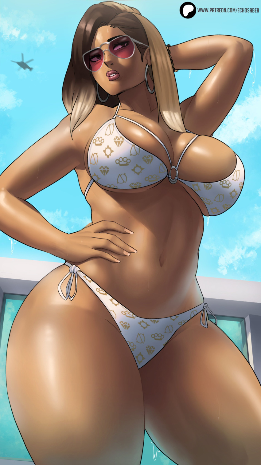 1girl absurdres alternate_breast_size arm_behind_head bikini blonde_hair bracelet brand_name_imitation breasts brown_hair commentary contrapposto cowgirl_position curvy dark-skinned_female dark_skin earrings echo_saber english_commentary from_below grand_theft_auto grand_theft_auto_vi hand_on_own_hip helicopter_hair highres hoop_earrings jewelry large_breasts louis_vuitton_(brand) lucia_(grand_theft_auto) mole mole_above_mouth mole_under_mouth multiple_moles navel o-ring o-ring_bikini o-ring_top paid_reward_available parted_bangs solo straddling sunglasses swimsuit thick_thighs thighs underboob white_bikini