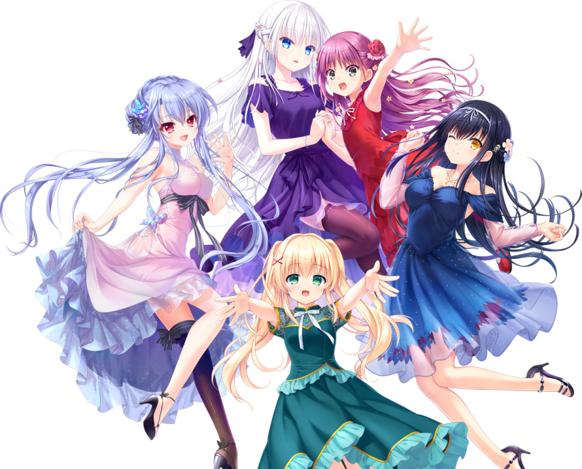5girls :d ;) alternate_costume bare_arms bare_shoulders black_bow black_footwear black_hair black_thighhighs blonde_hair blue_dress blue_eyes blue_hair blush bone_hair_ornament bow braid braided_bun breasts butterfly_hair_ornament cleavage closed_mouth collarbone cowboy_shot dress flat_chest floating_hair flower foot_out_of_frame formal french_braid frilled_dress frills green_dress green_eyes grey_eyes hair_between_eyes hair_bow hair_bun hair_flower hair_intakes hair_ornament half_updo hand_up happy high_heels holding_hands izumi_tsubasu katou_umi knee_up kushima_kamome large_breasts long_hair long_sleeves looking_at_viewer multiple_girls na-ga nagayama_yuunon naruse_shiroha neck_ribbon no_bra no_socks official_art one_eye_closed open_hand open_mouth outstretched_arm outstretched_arms pink_flower purple_dress purple_hair red_dress red_eyes red_flower red_rose ribbon rose short_sleeves sidelocks single_hair_bun single_thighhigh skirt_hold skull_and_crossbones skull_hair_ornament sleeveless sleeveless_dress small_breasts smile sorakado_ao standing summer_pockets thighhighs transparent_background tsumugi_wenders twintails very_long_hair waving white_hair white_ribbon x_hair_ornament yellow_eyes yellow_flower