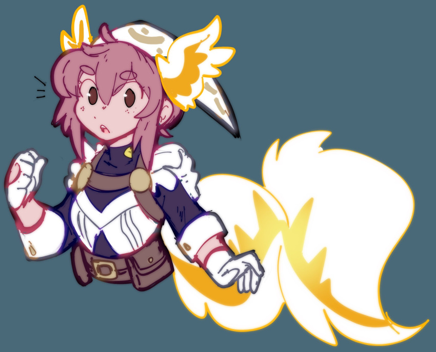 1girl animal_ears blue_shirt cowlick dreamy_musings fire_emblem fire_emblem_heroes frilled_sleeves frills gloves glowing_tail highres leather_belt maid_headdress multiple_ears ratatoskr_(fire_emblem) shirt squirrel_ears squirrel_girl squirrel_tail tail white_gloves white_wrist_cuffs