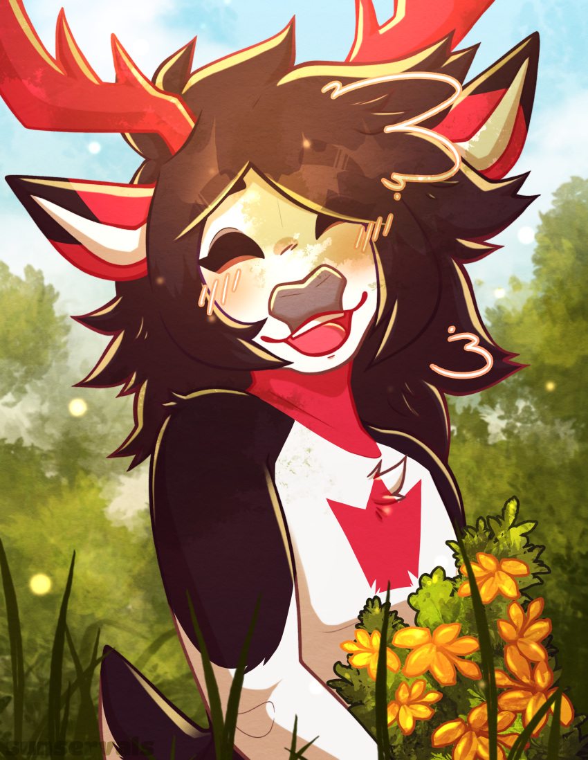 absurd_res ambiguous_gender anthro antlers arm_markings black_body black_fur black_markings blush brown_hair cervine chest_markings chest_tuft colored deer detailed_background digital_drawing_(artwork) digital_media_(artwork) eyes_closed flower forest forest_background front_view fur grass hair hi_res horn mammal markings multicolored_body multicolored_fur nature nature_background nonbinary_(lore) nude nude_ambiguous nude_anthro open_mouth open_smile outside plant red_antlers red_body red_fur red_markings shaded shoulder_markings smile solo sunservals tail teeth textured tongue tree tuft white_body white_fur zephyr_snow