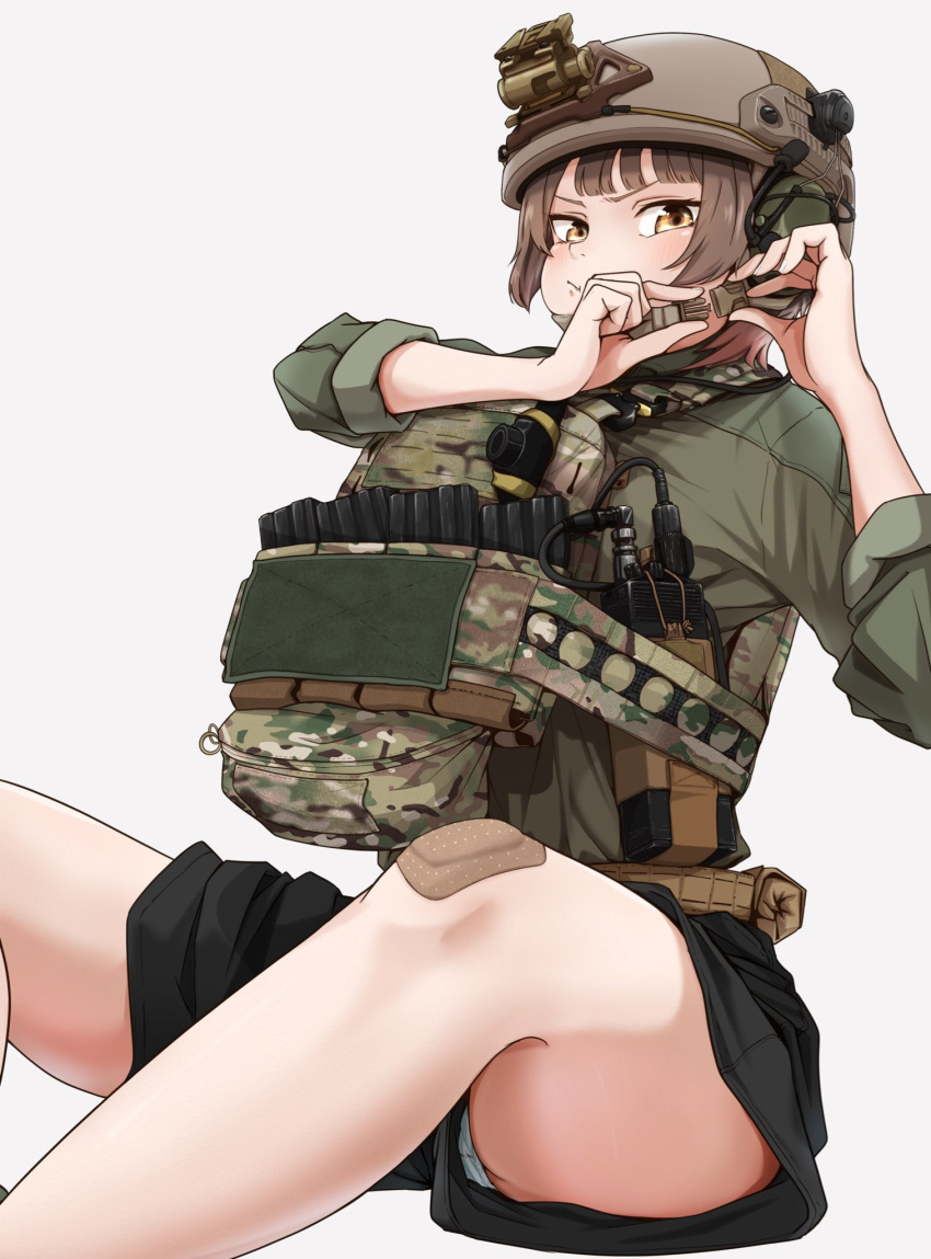 1girl annoyed bandaid bandaid_on_knee bandaid_on_leg black_shorts brown_eyes brown_hair cake506 camouflage chest_rig combat_helmet green_shirt helmet highres magazine_(weapon) original panties panty_peek shirt short_hair shorts solo thighs underwear white_background white_panties woodland_camouflage