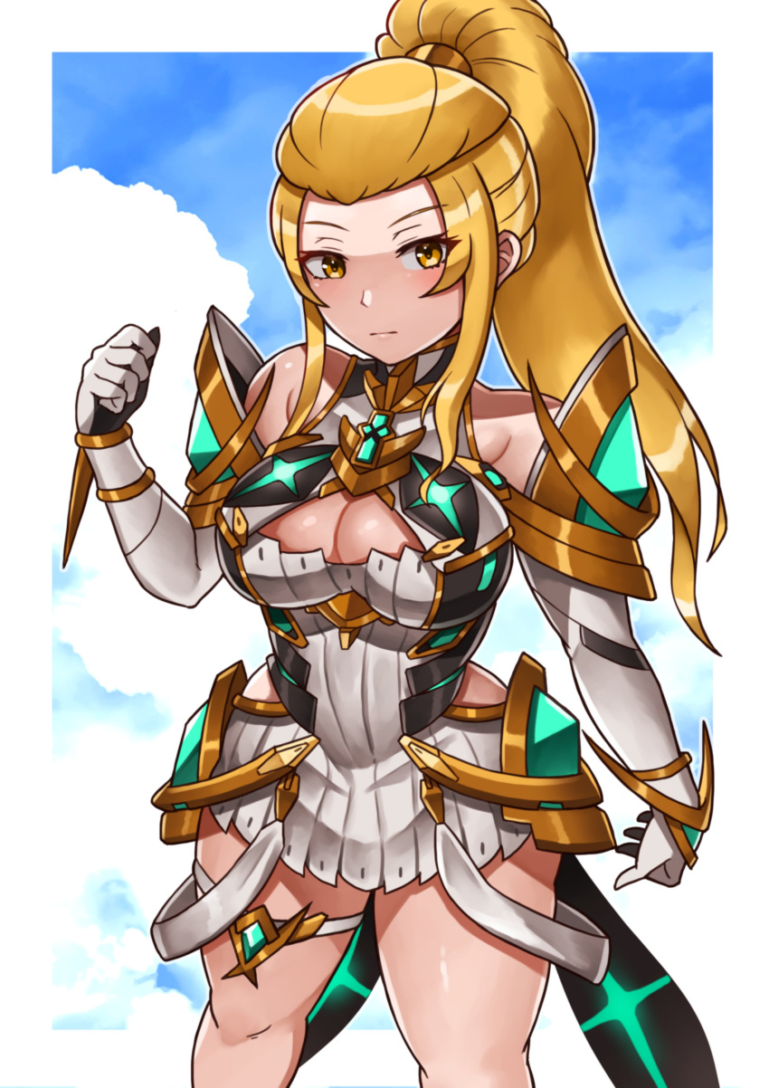 1girl absurdres bare_shoulders blonde_hair breasts cosplay fire_emblem fire_emblem_engage hair_slicked_back high_ponytail highres jade_(fire_emblem) large_breasts mythra_(xenoblade) mythra_(xenoblade)_(cosplay) oniisan02b sidelocks xenoblade_chronicles_(series) xenoblade_chronicles_2 yellow_eyes