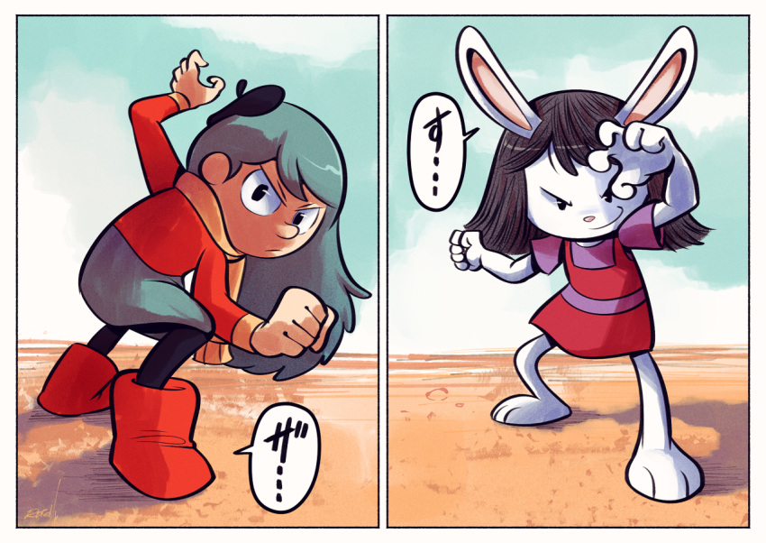 2023 angry anthro clothed clothing comic dialogue dragon_ball duo elinor_rabbit elinor_wonders_why female fighting_pose fist fully_clothed hilda_(hilda) hilda_(series) human japanese_text lagomorph leporid mammal manga parody pose rabbit smile smirk speech_bubble text unknown_artist young