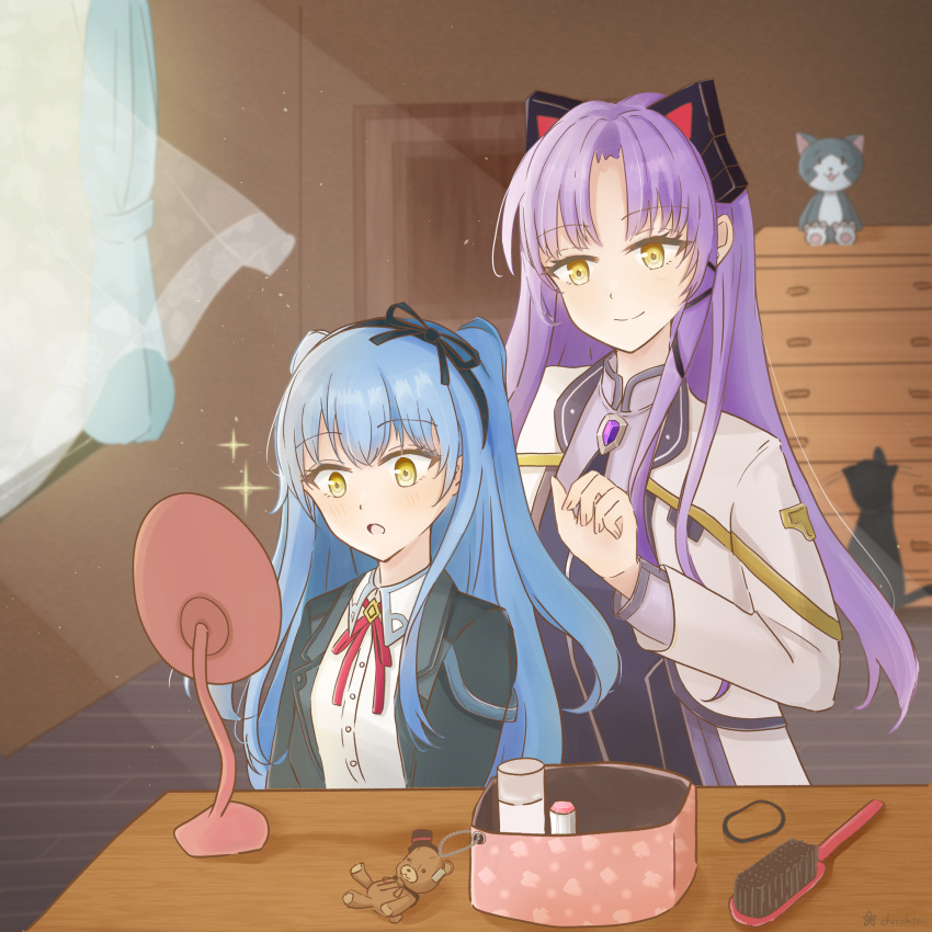 2girls :o absurdres alternate_hairstyle animal_ears black_hairband blue_hair blurry blurry_background cabinet cat_ears commentary_request cosplay costume_switch curtained_hair dot_nose eiyuu_densetsu eyelashes fake_animal_ears hair_brush hairband hairstyle_switch hajimari_no_kiseki hanachocolate30 highres indoors kuro_no_kiseki kuro_no_kiseki_ii long_hair looking_at_mirror mirror mishy multiple_girls renne_(eiyuu_densetsu) sen_no_kiseki sen_no_kiseki_iv sitting smile sparkle standing stuffed_animal stuffed_toy suit teddy_bear tio_plato twintails upper_body white_suit window yellow_eyes