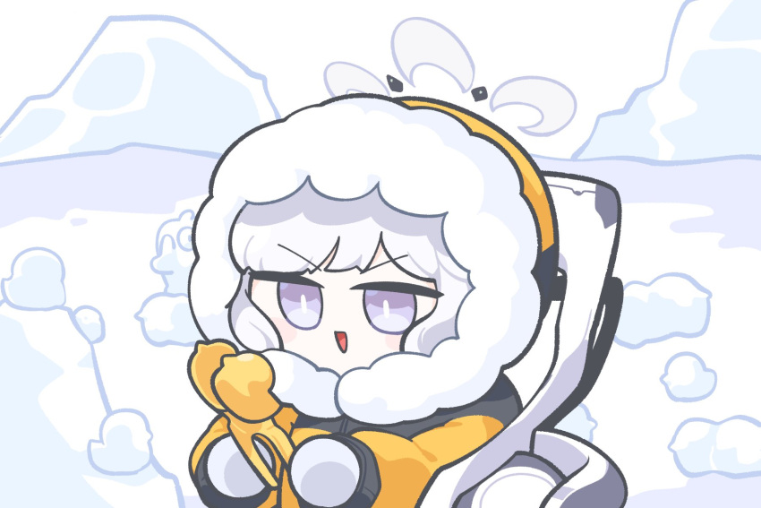 1girl blue_archive chibi coat commentary day fur-trimmed_coat fur_trim gloves grey_hair halo highres himari_(blue_archive) holding hood hood_up moshigi open_mouth outdoors purple_eyes sitting snow snow_sculpture solo wheelchair white_gloves yellow_coat