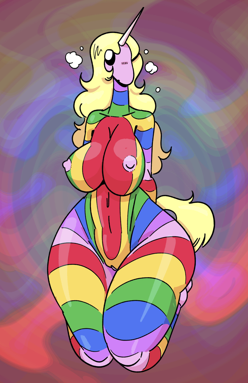 absurd_res adventure_time anthro areola big_breasts blonde_hair breasts cartoon_network curvy_figure digital_media_(artwork) equid equine female fur genitals hair hi_res horn lady_rainicorn looking_at_viewer mammal multicolored_body multicolored_fur nipples nude pink_body pussy qoolbunart rainbow rainbow_body rainbow_fur rainicorn simple_background solo tail taller_female thick_thighs unicorn unicorn_horn voluptuous wide_hips