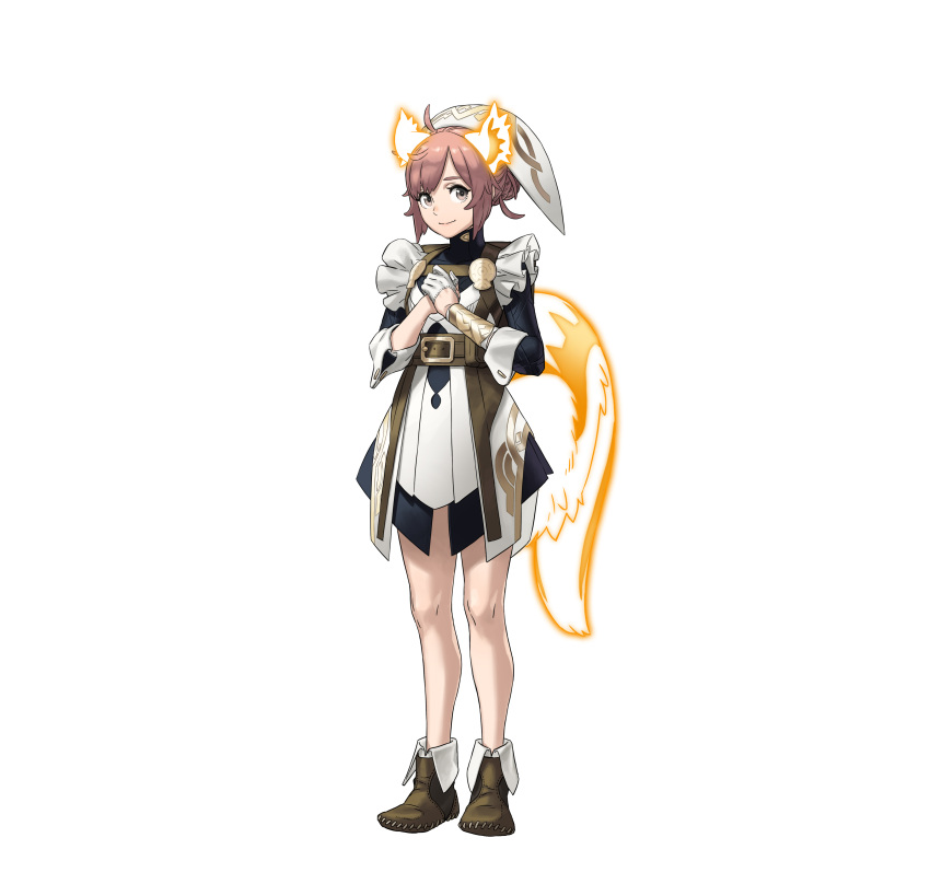 1girl absurdres ahoge animal_ears ankle_boots boots bracelet brown_eyes brown_hair closed_mouth commentary_request dress fire_emblem fire_emblem_heroes frills full_body gloves gold_trim hair_bun hair_ornament highres jewelry kozaki_yuusuke long_sleeves looking_at_viewer official_art own_hands_together ratatoskr_(fire_emblem) short_dress simple_background smile solo squirrel_ears squirrel_tail standing tail turtleneck white_background white_gloves