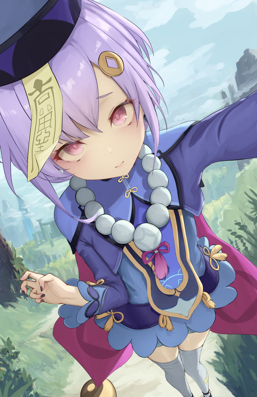 1girl absurdres bead_necklace beads black_nails blue_capelet capelet cloud coin_hair_ornament day genshin_impact grey_thighhighs hair_ornament hat highres jewelry jiangshi looking_at_viewer necklace ofuda ofuda_on_head outdoors pink_eyes purple_hair qingdai_guanmao qiqi_(genshin_impact) solo talisman thighhighs xiao_xiao_tian
