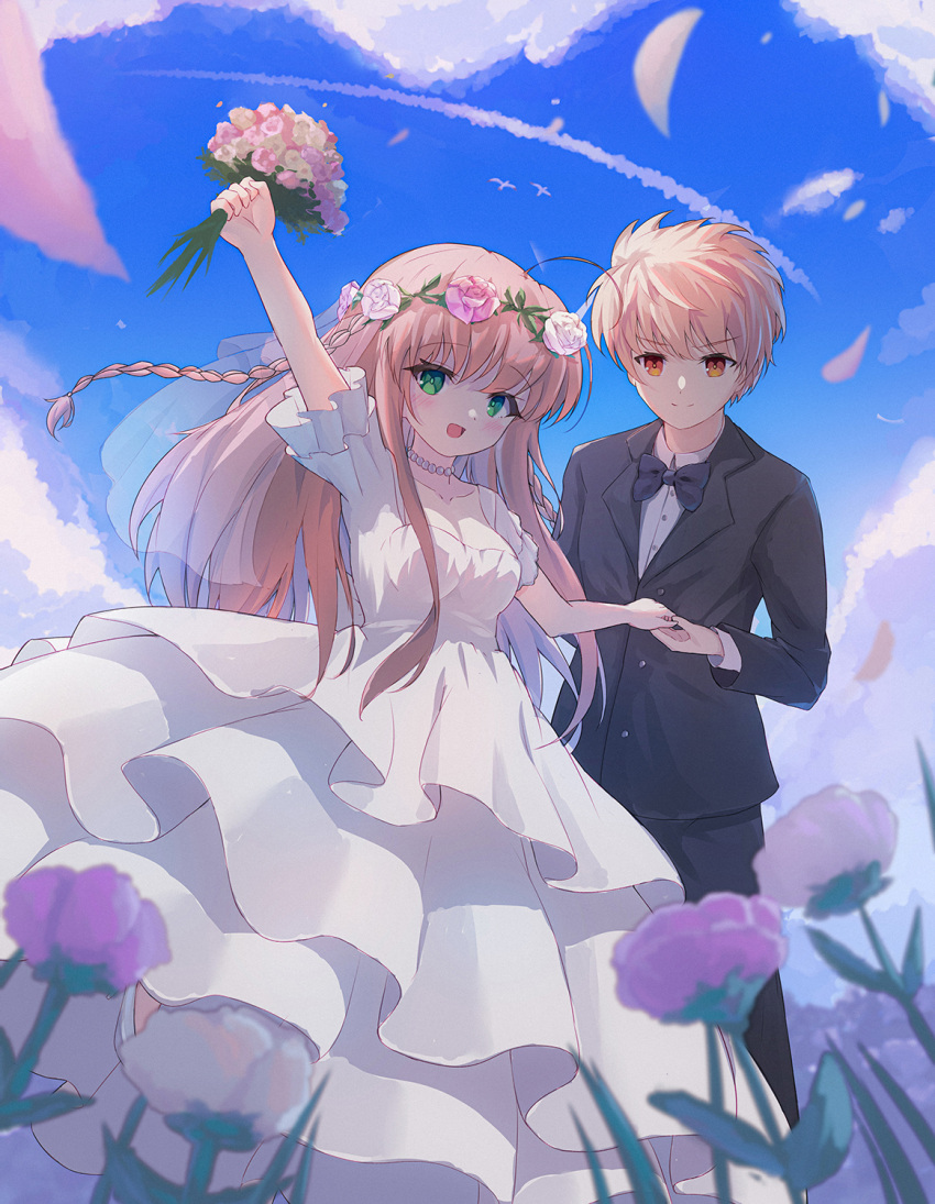 1boy 1girl ahoge blush bouquet braid brown_hair dress flower green_eyes hair_flower hair_ornament highres jacket kanbe_kotori long_hair looking_at_viewer open_mouth orange_hair rewrite shiki_hamaguri short_hair smile tennouji_kotarou tuxedo twin_braids very_long_hair wedding_dress