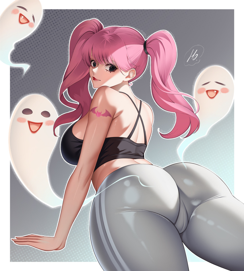 1girl alternate_costume alternate_hairstyle arm_tattoo ass bare_shoulders black_eyes black_shirt breasts eyelashes ghost grey_pants highres ho_haiiro large_breasts long_hair looking_back one_piece pants perona pink_hair shirt solo tattoo tight_clothes tight_pants