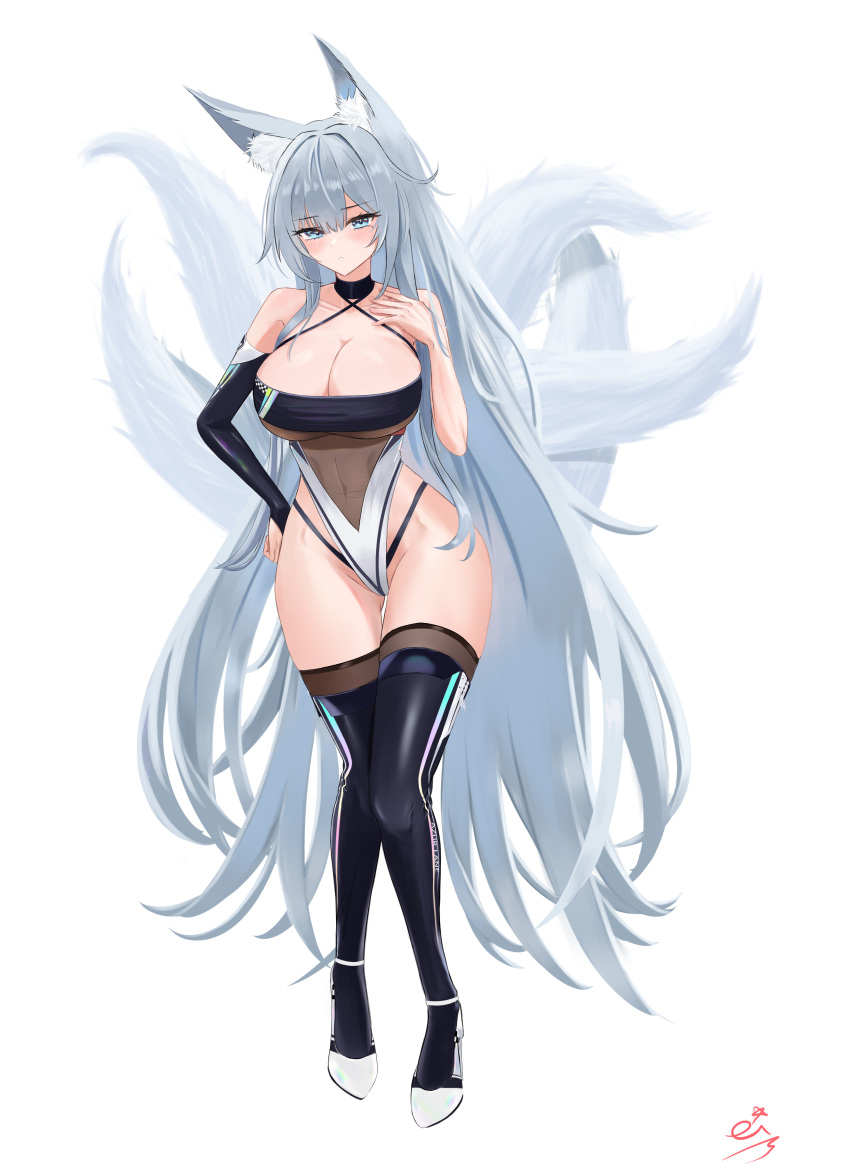 1girl absurdres animal_ear_fluff animal_ears azur_lane bare_shoulders boots breasts bridal_gauntlets cleavage criss-cross_halter eiundmarmalade fox_ears fox_girl fox_tail full_body grey_eyes grey_hair halterneck highres huge_breasts kitsune kyuubi long_hair looking_at_viewer multiple_tails official_alternate_costume panty_straps race_queen shinano_(azur_lane) shinano_(moonlit_chrome)_(azur_lane) signature simple_background single_bridal_gauntlet tail thighhighs thighhighs_under_boots very_long_hair white_background white_tail