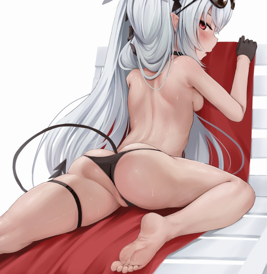 1girl anus anus_peek ass bare_arms bare_legs bare_shoulders barefoot bikini black_bikini black_gloves black_tail blue_archive blush breasts commentary dark-skinned_female dark_skin demon_tail english_commentary esearu eyewear_on_head from_behind gloves grey_hair highres iori_(blue_archive) iori_(swimsuit)_(blue_archive) long_hair official_alternate_costume open_mouth partially_visible_vulva pointy_ears red_eyes simple_background small_breasts soles solo sunglasses swimsuit tail toes white_background