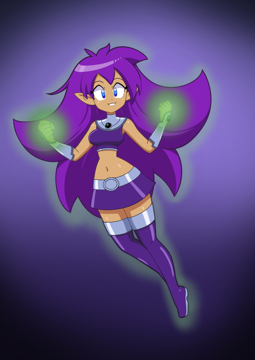 absurd_res aura blue_eyes breasts clothing cosplay crossover crossover_cosplay dc_comics female footwear genie hair hi_res humanoid humanoid_pointy_ears navel not_furry purple_hair shantae shantae_(series) simple_background smile snowmantofu solo starfire_(teen_titans) teen_titans wayforward