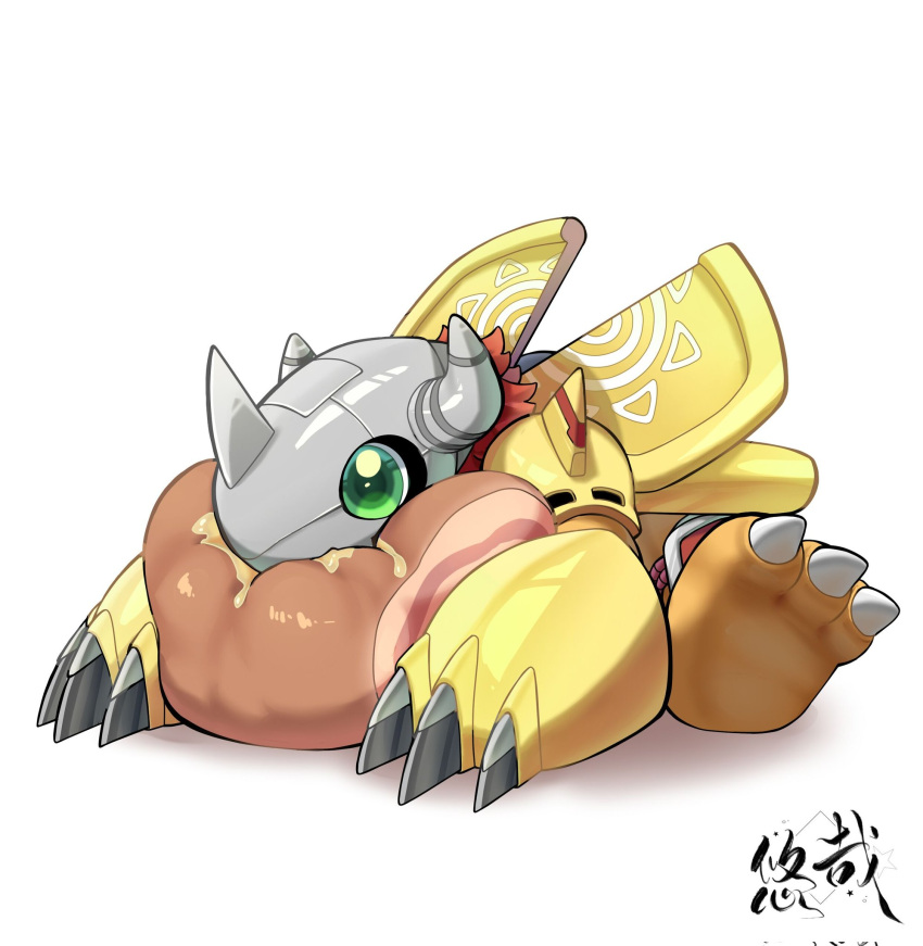 chinese_commentary claws colored_skin digimon digimon_(creature) food green_eyes highres horns meat no_humans orange_skin simple_background solo wargreymon white_background youzaiyouzai112