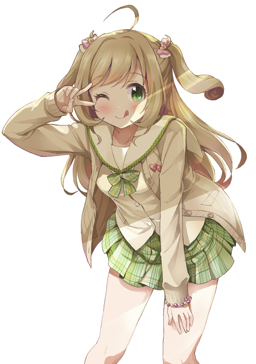 1girl ;q ahoge bare_legs blonde_hair blush breasts brown_cardigan cardigan green_eyes green_skirt highres idolmaster idolmaster_cinderella_girls leaning_forward long_hair looking_at_viewer medium_breasts michii_yuuki one_eye_closed sato_shin simple_background skirt smile solo tongue tongue_out two_side_up v white_background