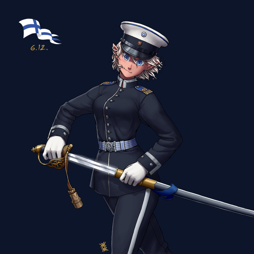 1girl absurdres belt black_headwear black_jacket black_pants blonde_hair blue_background blue_eyes breasts buttons dated elf english_commentary finland finnish_army finnish_clothes finnish_commentary finnish_flag gloves hat highres holding holding_sword holding_weapon jacket legs_apart long_sleeves looking_at_viewer military military_rank_insignia military_uniform mixed-language_commentary original ostwindprojekt pants peaked_cap pointy_ears roundel saber_(weapon) scabbard sheath short_hair shoulder_boards simple_background smile solo standing sword two-tone_headwear uniform unsheathing upper_body weapon white_gloves white_headwear white_trim