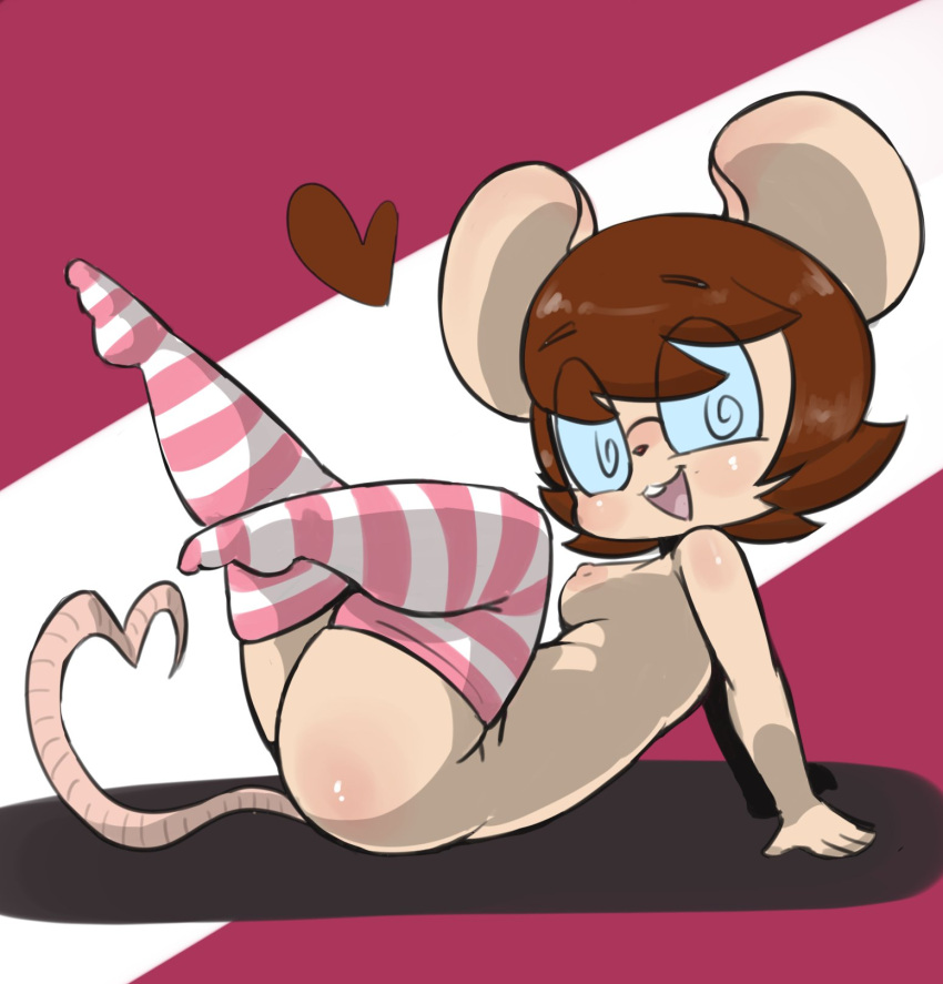 &lt;3 abstract_background anthro breasts brown_hair butt clothing eyewear female fur gesture glasses hair hi_res leaning leaning_back legs_up legwear legwear_only looking_at_viewer mammal mostly_nude mouse murid murine nipples open_mouth open_smile pattern_clothing pattern_legwear pattern_stockings red_(vono) rodent shadow slightly_chubby smile solo spiral_glasses stockings stockings_only striped_clothing striped_legwear striped_stockings stripes tail tail_gesture tail_heart tan_body tan_fur thick_thighs vono