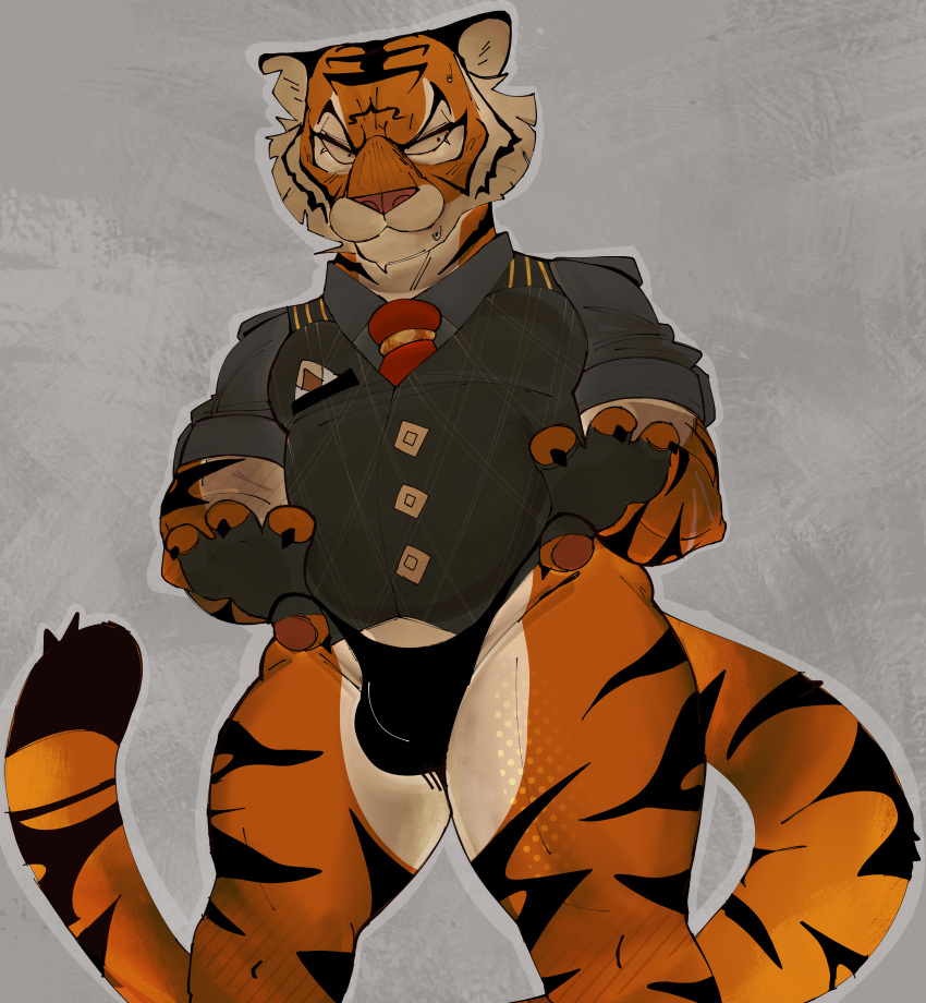 absurd_res anthro bottomless bulge clothed clothing epic_games felid fingerless_gloves fortnite fur gloves handwear hi_res laydai looking_away male mammal muscular muscular_anthro muscular_male necktie oscar_(fortnite) pantherine slightly_chubby solo stripes tiger topwear underwear vest white_body white_fur yellow_eyes