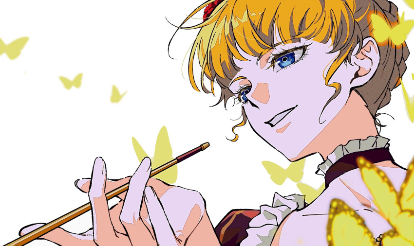 1girl ako_(eanaaati1) beatrice_(umineko) blonde_hair blue_eyes bug butterfly choker highres holding holding_smoking_pipe smile smoking_pipe umineko_no_naku_koro_ni upper_body