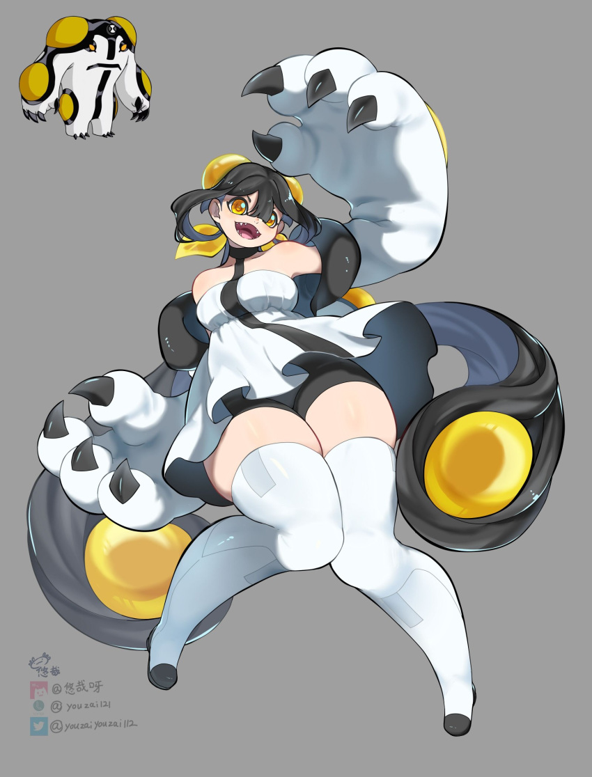 :d bare_shoulders ben_10 black_choker black_hair breasts character_request chinese_commentary choker claws dress grey_background hair_between_eyes highres knees_together_feet_apart long_hair medium_breasts open_mouth sharp_teeth short_dress simple_background skindentation smile teeth thick_thighs thighhighs thighs twitter_username v-shaped_eyebrows very_long_hair white_thighhighs wide_hips yellow_eyes youzaiyouzai112
