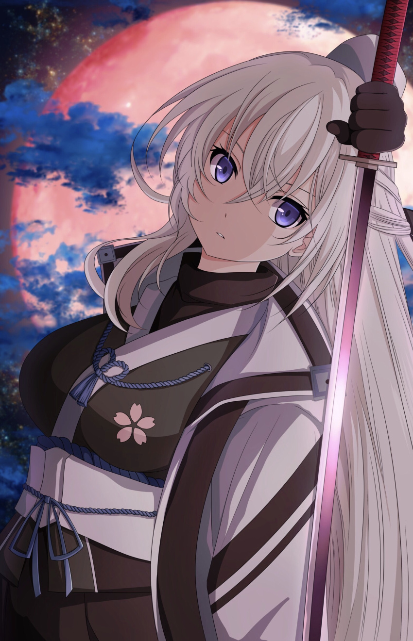 1girl absurdres black_gloves breasts cloud coat double-parted_bangs eiyuu_densetsu full_moon gloves hair_between_eyes half_updo highres holding holding_sword holding_weapon katana konohannunopencil kuro_no_kiseki large_breasts long_hair looking_at_viewer moon night night_sky open_clothes open_coat portrait purple_eyes red_moon shizuna_rem_misurugi sidelocks sky solo sword upper_body weapon white_hair