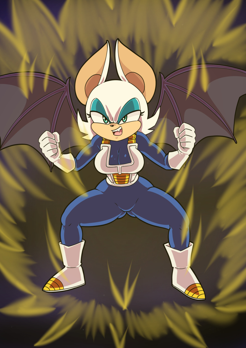 5_fingers absurd_res angry anthro aura bat breasts cleavage clothed clothing cosplay crossover crossover_cosplay dragon_ball eyeshadow female fingers footwear fur gloves handwear hi_res makeup mammal membrane_(anatomy) membranous_wings rouge_the_bat sega simple_background snowmantofu solo sonic_the_hedgehog_(series) tan_body tan_skin vegeta white_body white_fur wings