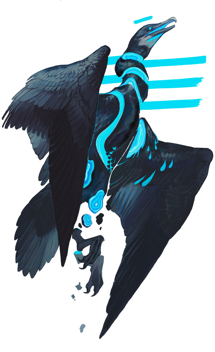 absurdres animal_focus beak bird blank_eyes blue_eyes commentary crumbling english_commentary feathered_wings from_side full_body highres limited_palette nightcrow no_humans open_mouth original simple_background sliced solo white_background wings