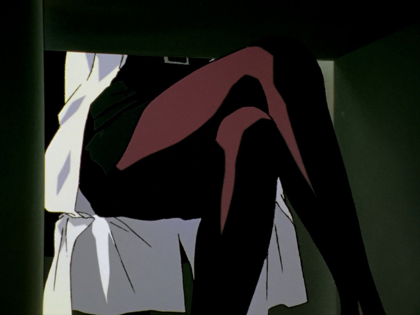 1girl akagi_ritsuko anime_screencap belt crossed_legs head_out_of_frame lab_coat legs lower_body neon_genesis_evangelion non-web_source pantyhose sitting skirt under_table upskirt