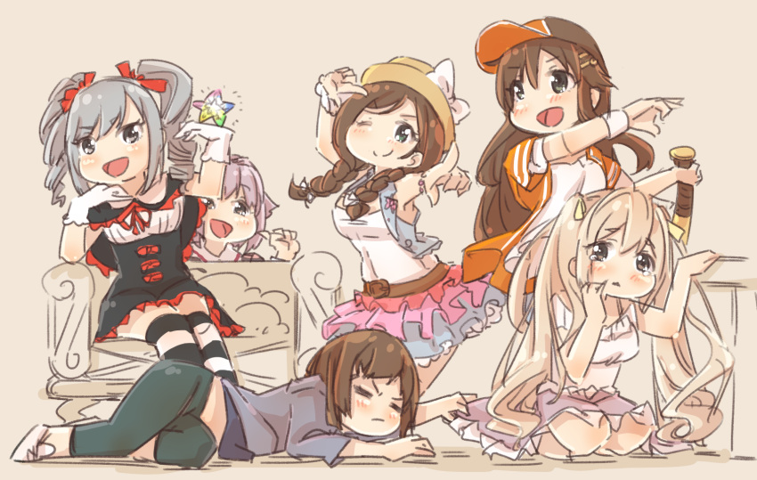 6+girls :d ;) arm_up black_capelet black_pants black_skirt blue_skirt blue_vest blush bow braid breasts brown_background brown_eyes brown_hair brown_headwear capelet character_request check_character closed_mouth dress frilled_capelet frilled_dress frilled_shirt frilled_skirt frills grey_eyes grey_hair grey_shirt hair_ribbon hat hat_bow high-waist_skirt highres himekawa_yuki idolmaster idolmaster_cinderella_girls jacket kanzaki_ranko koshimizu_sachiko light_brown_hair long_sleeves low_twintails maekawa_miku medium_breasts multiple_girls one_eye_closed orange_jacket outstretched_arm pants parted_lips pleated_skirt pointing purple_skirt red_ribbon ribbon ringlets shirt shoes short_hair simple_background skirt smile tears twin_braids twintails vest white_bow white_footwear white_shirt wrist_cuffs yukie_(kusaka_shi)