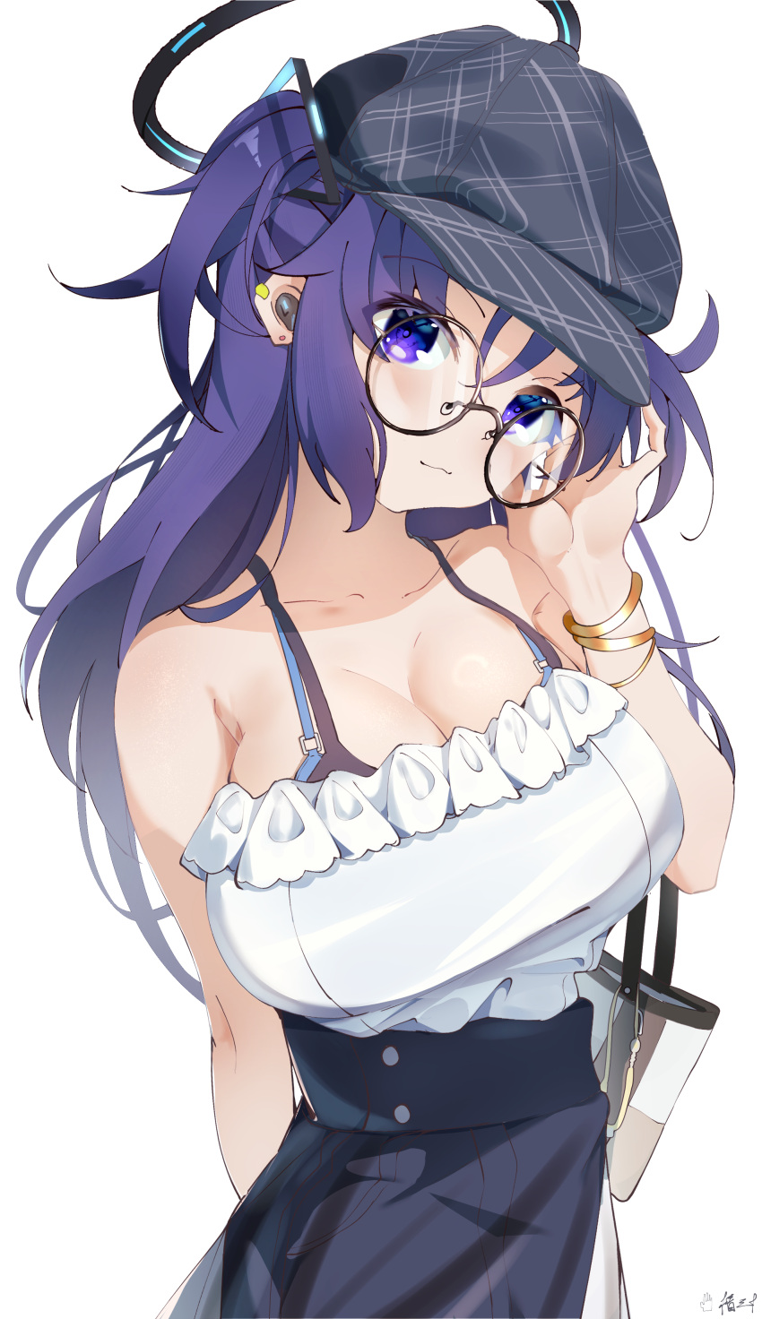 1girl absurdres alternate_costume bag black_headwear black_skirt blue_archive blush boqee bracelet breasts cabbie_hat cleavage closed_mouth collarbone glasses halo hat highres jewelry large_breasts long_hair looking_at_viewer mechanical_halo purple_eyes purple_hair round_eyewear shirt shoulder_bag signature simple_background skirt solo two_side_up white_background white_shirt yuuka_(blue_archive)