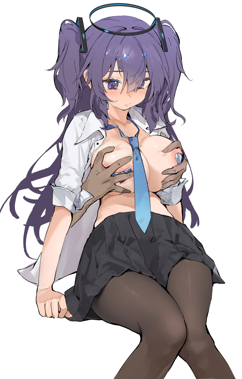 1girl 1other areola_slip black_pantyhose black_skirt blue_archive blue_necktie blush breasts closed_mouth collared_shirt disembodied_limb drive_shot feet_out_of_frame grabbing grabbing_another's_breast grabbing_from_behind hair_between_eyes halo heart_pasties highres knees_together_feet_apart large_breasts long_hair mechanical_halo necktie pantyhose pasties pleated_skirt purple_eyes purple_hair shirt simple_background skirt two_side_up white_background white_shirt yuuka_(blue_archive)