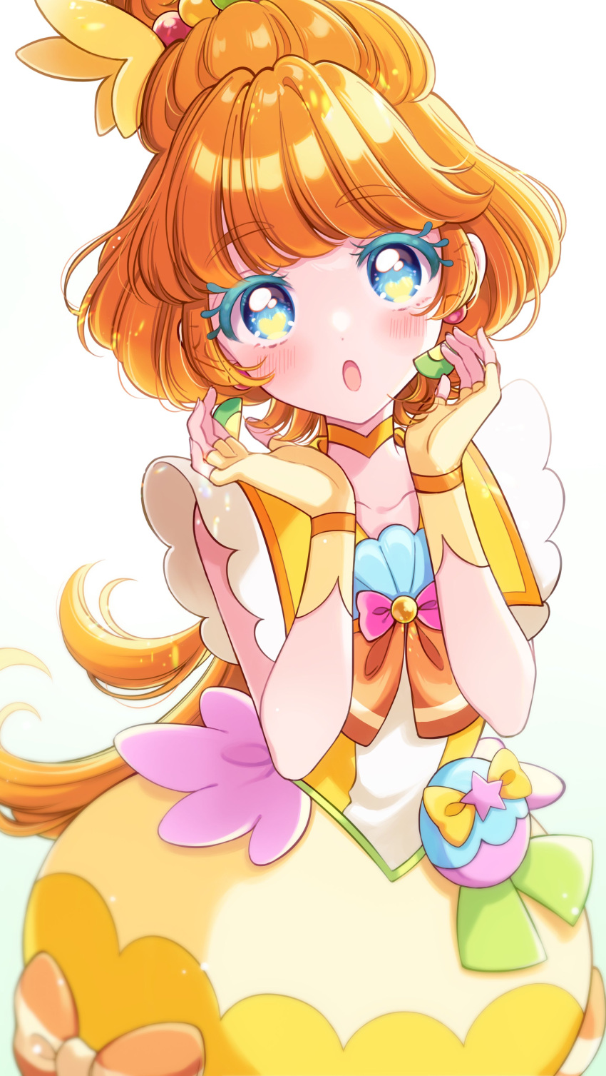 1girl absurdres blue_eyes choker colored_eyelashes commentary_request cure_papaya dress earrings eyelash_ornament fingerless_gloves gloves hair_ornament heart heart_in_eye highres ichinose_minori jewelry kuzumochi magical_girl mismatched_eyelashes open_mouth orange_hair precure shell_brooch skirt symbol_in_eye thick_eyelashes triangle_earrings tropical-rouge!_precure white_background yellow_choker yellow_dress yellow_gloves