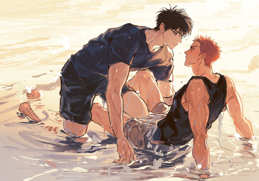 2boys adam's_apple barefoot black_eyes black_hair black_shirt black_shorts black_tank_top chimmyming eye_contact eyelashes highres looking_at_another male_focus multiple_boys orange_hair partially_submerged rukawa_kaede sakuragi_hanamichi shirt shorts slam_dunk_(series) sleeveless sleeveless_shirt tank_top wet white_shorts yaoi