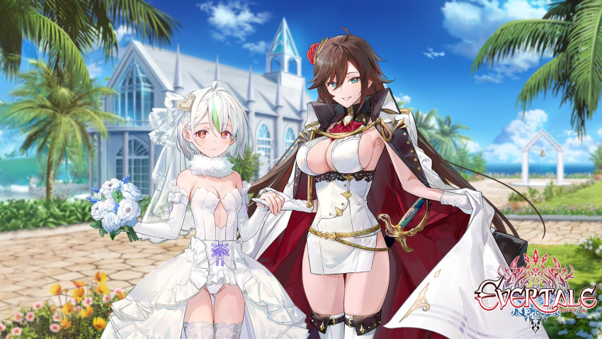 2girls ahoge aniya_(evertale) belt blue_eyes blue_sky boots bouquet breasts brown_hair cape closed_mouth cloud cloudy_sky coat coat_on_shoulders commentary_request copyright_name day dress evertale flower fur_collar gloves grey_hair hair_ornament hand_grab highres holding large_breasts leotard logo long_hair looking_at_viewer multicolored_hair multiple_girls ocean official_art open_clothes open_coat outdoors overskirt palm_leaf palm_tree parted_lips red_eyes short_dress simple_background sky small_breasts smile sword thigh_boots thighhighs thighs tree water weapon white_gloves white_hair zettai_ryouiki