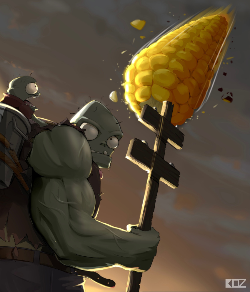 2boys artist_name belt biceps brown_belt brown_vest colored_skin corn_cob edz_drawz gargantuar_zombie green_skin grey_sky highres looking_at_another multiple_boys muscular muscular_male open_mouth outdoors plants_vs_zombies sky sleeveless teeth tongue tongue_out utility_pole vest