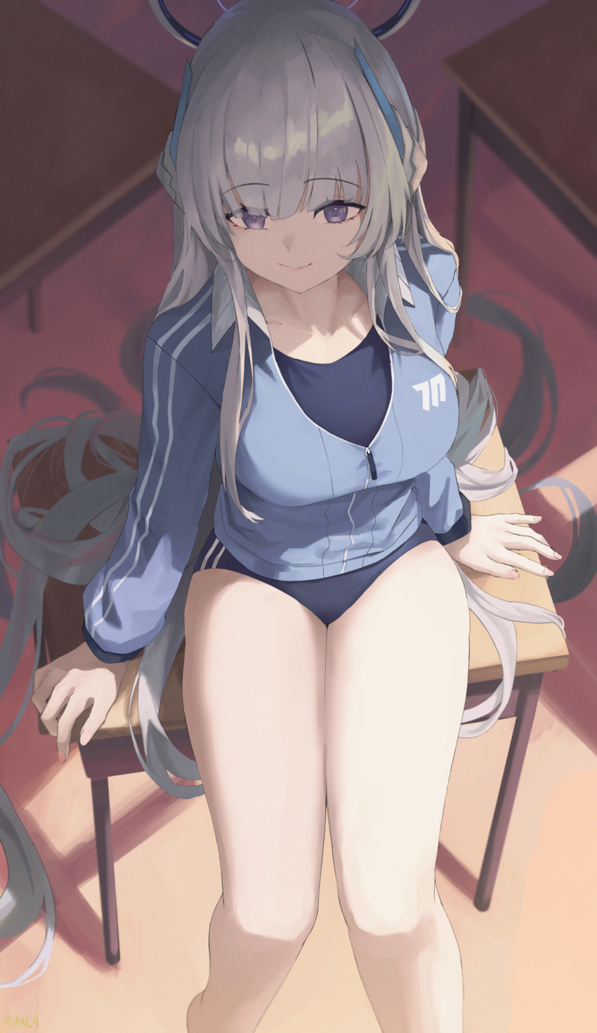 1girl black_buruma black_shirt blue_archive blue_jacket breasts buruma closed_mouth desk feet_out_of_frame from_above grey_hair gym_uniform halo highres jacket large_breasts long_hair mechanical_halo nev_(nevblindarts) noa_(blue_archive) purple_eyes school_desk shirt sitting smile solo track_jacket