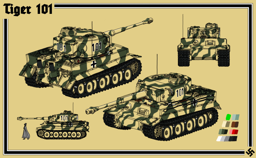 1girl absurdres balkenkreuz camouflage cannon cape character_name concept_art cross genderswap germany goetterblitz1942 gun highres ink_(medium) kurt_knispel machine_gun military military_vehicle motor_vehicle multiple_views radio_antenna real_life tank tiger_101 tiger_i traditional_media turret uniform valkyrie weapon wehrmacht world_war_ii