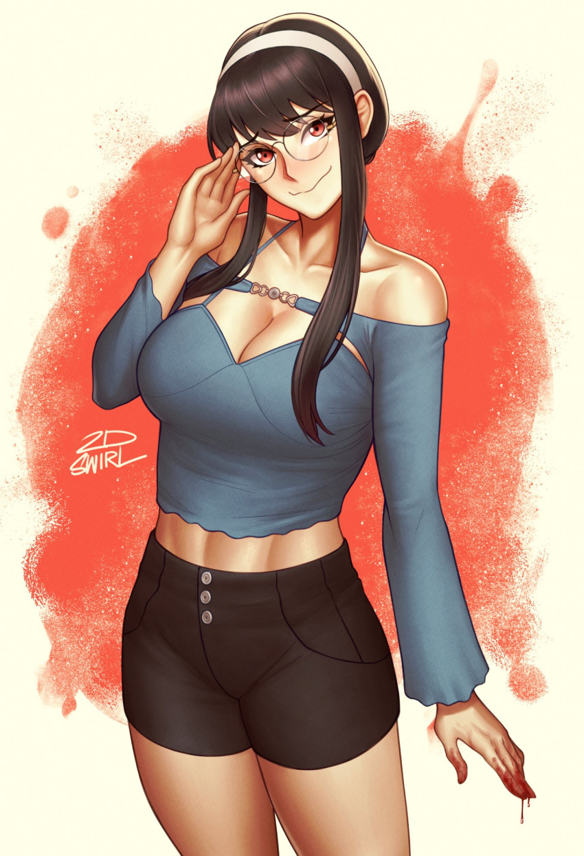 1girl 2dswirl bare_shoulders black_hair blood blood_on_hands blush breasts cleavage collarbone crop_top cropped_shirt hair_ornament hairband highres large_breasts long_hair looking_at_viewer midriff navel red_eyes round_eyewear shirt short_shorts shorts sidelocks simple_background smile solo spy_x_family stomach yor_briar